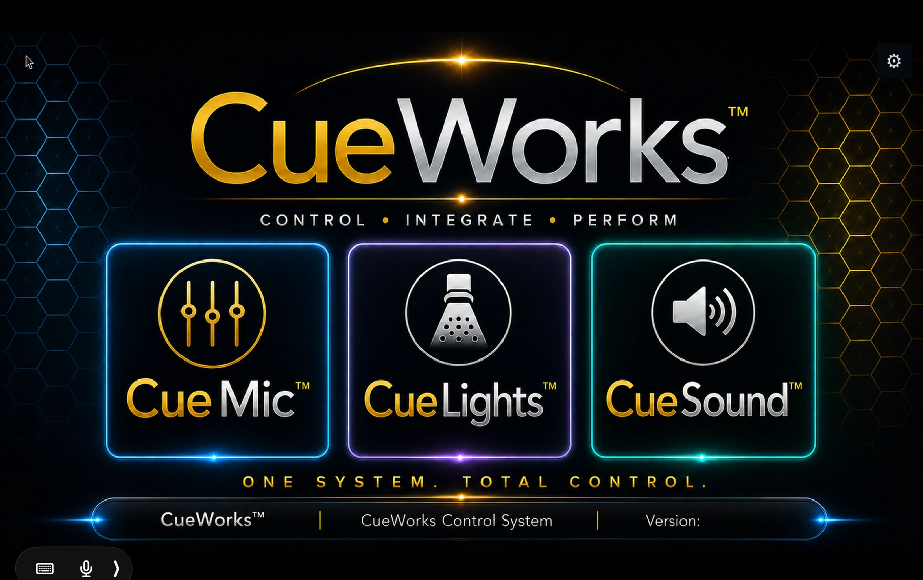 CueWorks home screen showing CueMic, CueLights, and CueSound